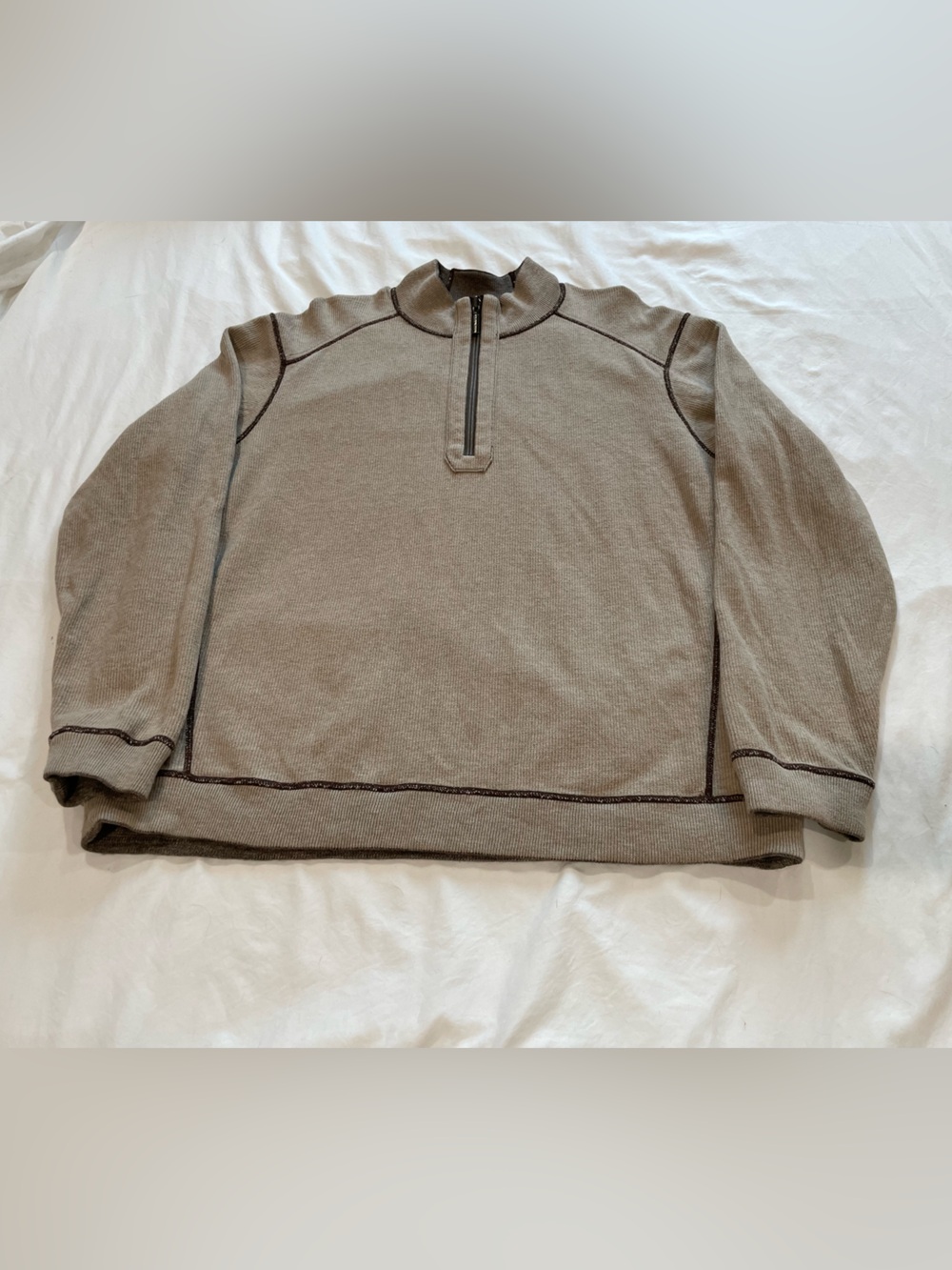 Tommy Bahama Tan Grey Reversible Zip-Up Sweater with Dark Contrast Stitching